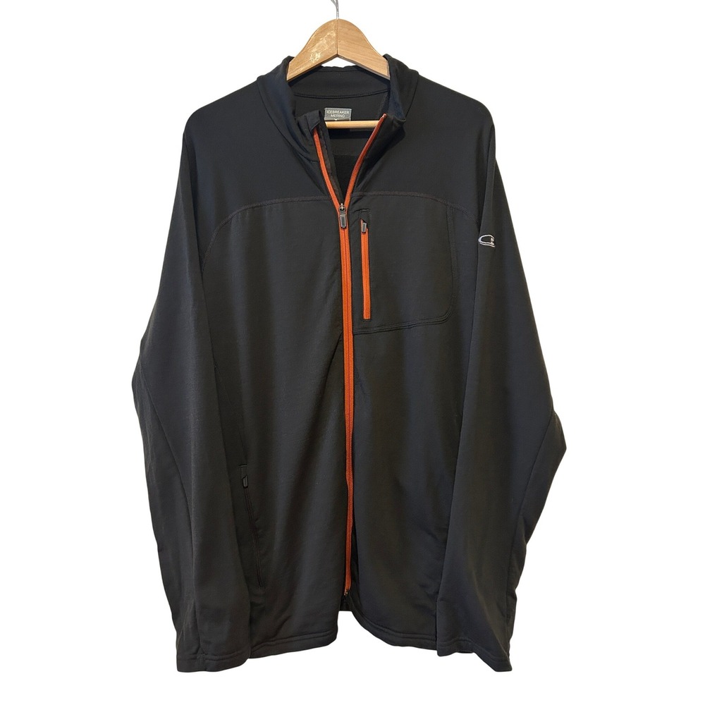 Icebreaker Mens Full Zip Jacket Sz XL Black Merino Wool Active Mid Layer Hiking